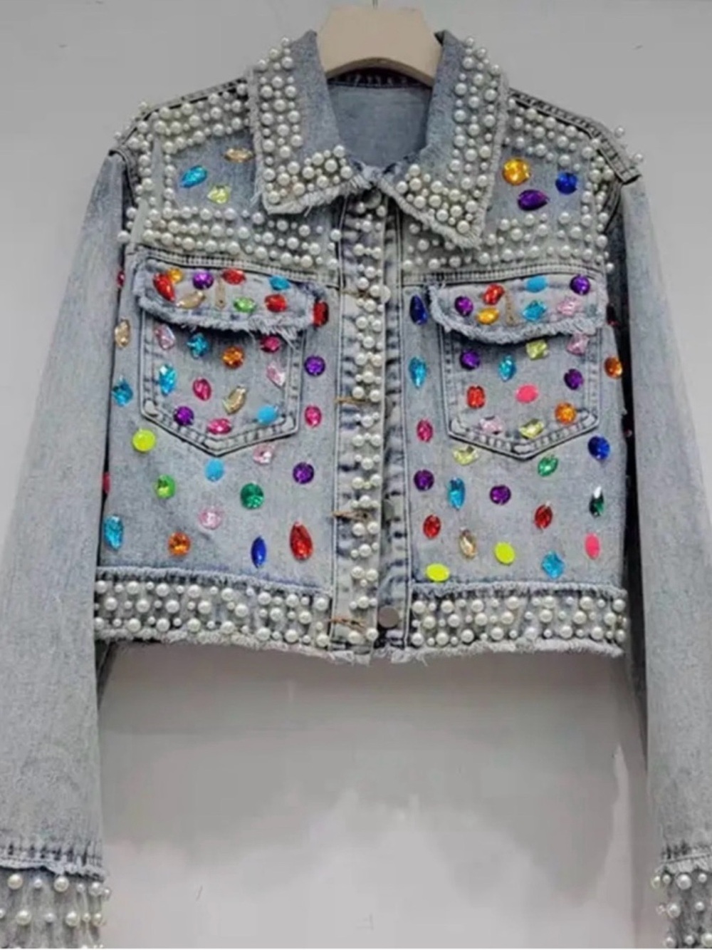 Main Character Light Blue Denim Jacket with Pearls & Multicolored Gems